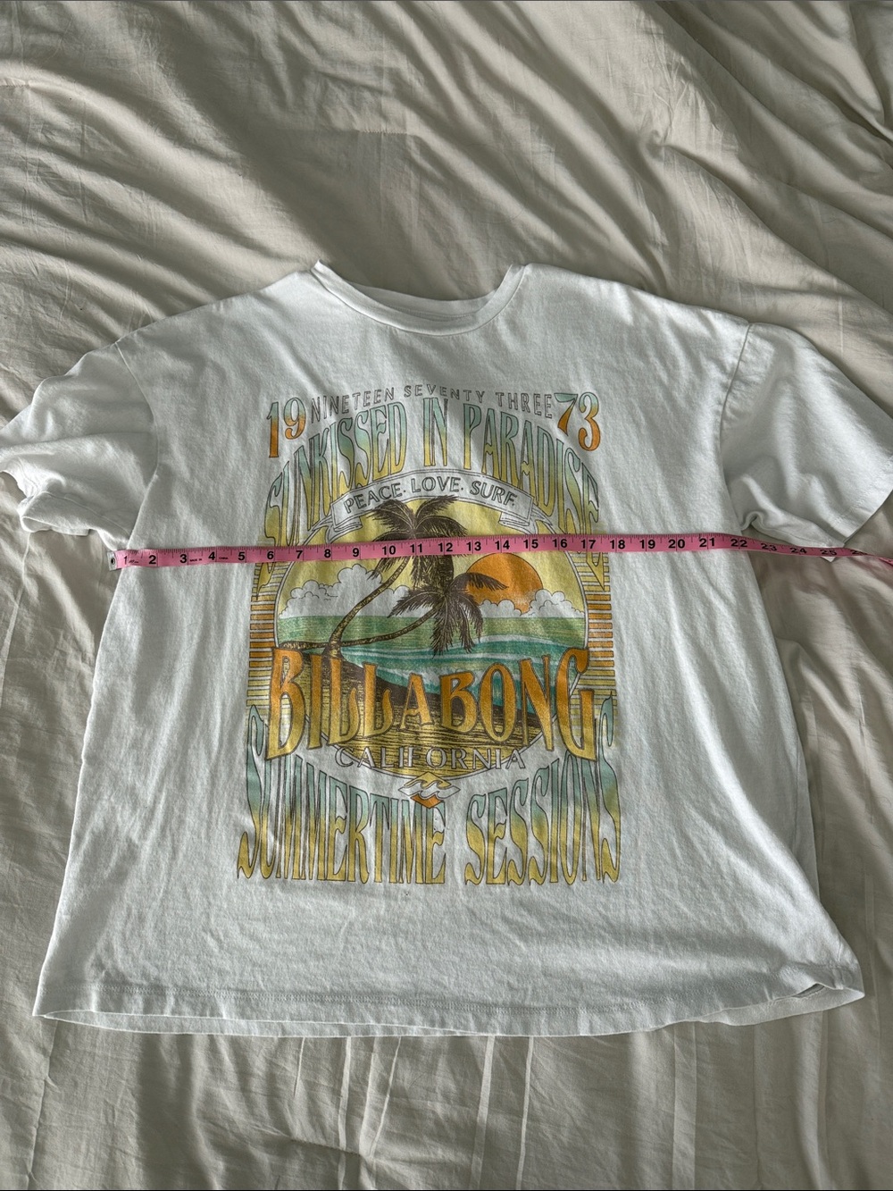 Billabong White Tee with Multicolor Sunset Surf Graphic